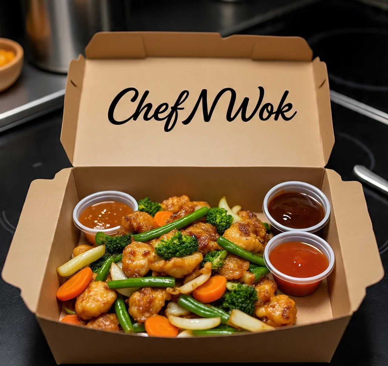 Chef N Wok takeout packaging showing fresh Asian fusion meals for delivery
